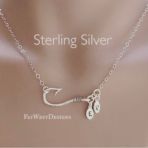 Fishhook Sterling Silver Pendant With Two or Three Monogrammed Charms Necklace Personalized Fish Hook image 5
