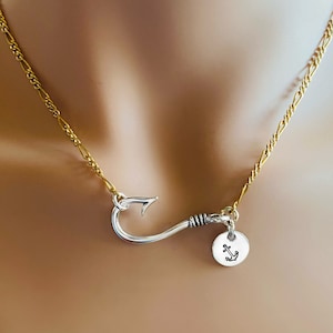 Gold Filled Chain with Sterling Silver Fishhook Monogrammed Charm Necklace Personalized Fish Fishing Hook image 1