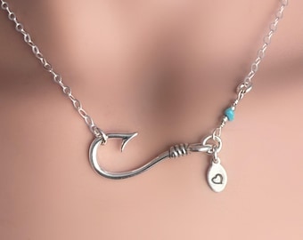 Fishhook Sterling Silver Pendant With Turquoise Nugget and Monogrammed Charm Necklace | Personalized Fish Hook