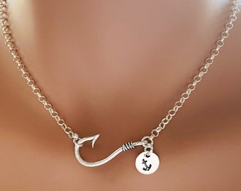 Fishing Tournament Fans Fishhook Necklace With Initial Charm And Adjustable Chain Fish Hook Pendant All Sterling Silver