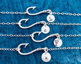 Sand and Sea Beach Fun Fishhook Necklace With Initial Charm And Adjustable Chain Fish Hook Pendant All Sterling Silver