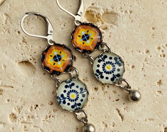 Two Tier Mini Mexican Tile Replica Earrings Cobalt Blue Orange Yellow Pottery Jewelry