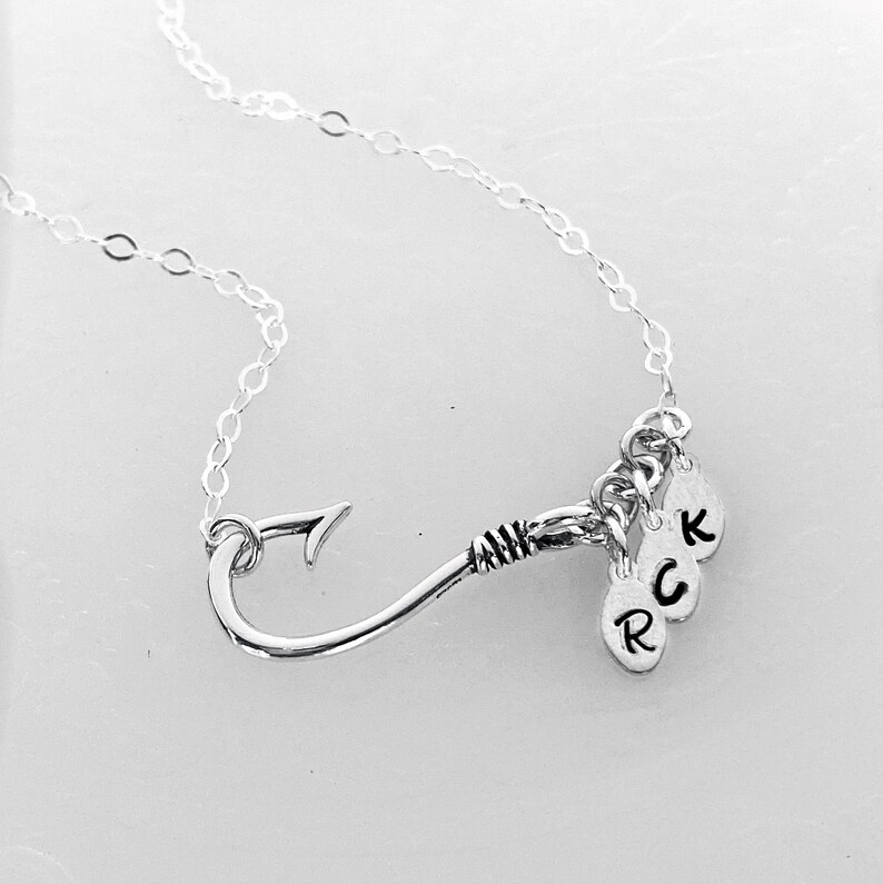 Fishhook Sterling Silver Pendant With Two or Three Monogrammed Charms Necklace Personalized Fish Hook image 3