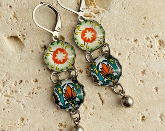 Two Tier Mini Mexican Tile Replica Earrings Green Yellow Orange Pottery Jewelry