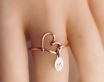 Charming I Love You With All of My Heart Ring with Letter Initial Charm, Silver, Gold Filled, Rose Gold Filled, Copper, Nickel Silver