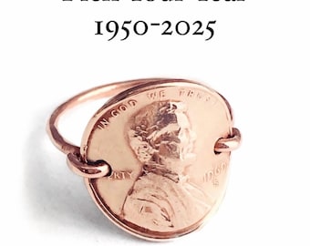 Personalized Penny Ring, Recycled Copper Coin Jewelry, 1950 to 2025