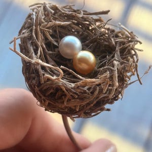 May include: A small bird's nest made of twigs and straw, with two pearls inside. One pearl is white and the other is golden.