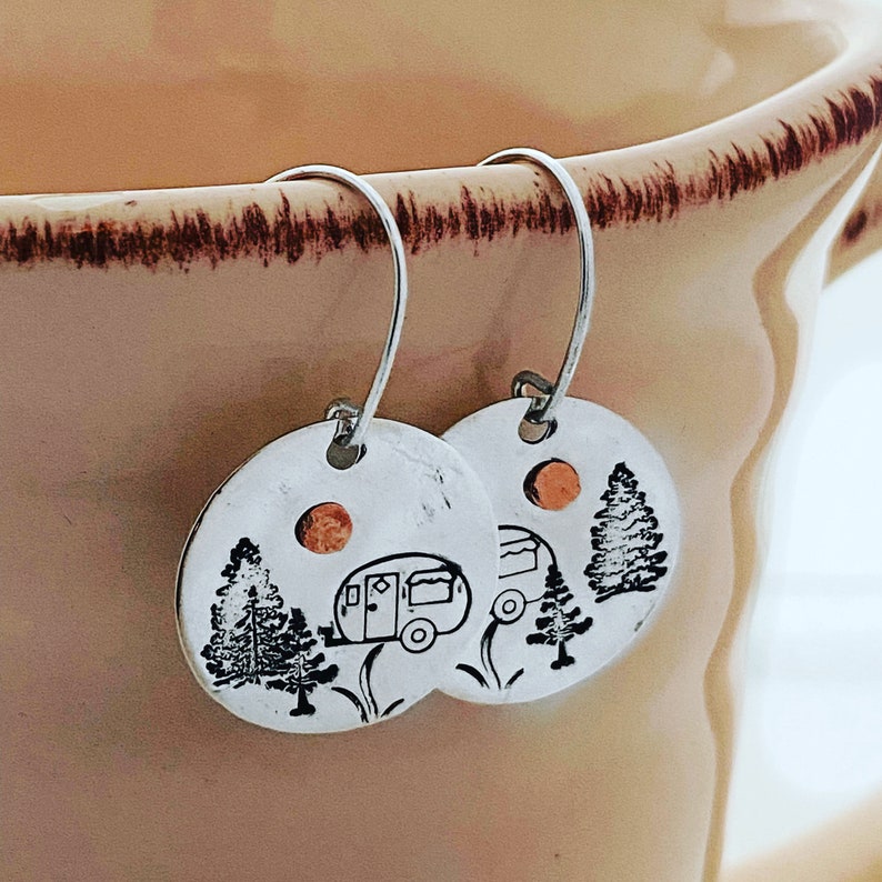 Canned Ham Camper Sterling Silver and Copper Earrings Camping Trailer Airstream Tent image 1