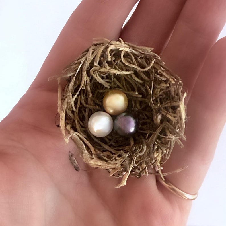 May include: A small bird's nest made of twigs and straw holds three pearls. One pearl is white, one is gold, and one is a dark purple.