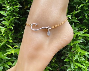 Gold Filled Chain Anklet: Sterling Silver Fishhook Charm