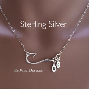 Fishhook Sterling Silver Pendant With Two or Three Monogrammed Charms Necklace Personalized Fish Hook image 4