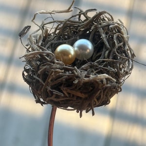 May include: A small bird's nest made of twigs and branches, with two pearls inside. One pearl is white and the other is a golden colour.