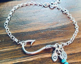 Fishing Bracelet Sterling Silver Fishhook Women, Girls Initial Letter Charm Turquoise And Rainbow Hematite Beads