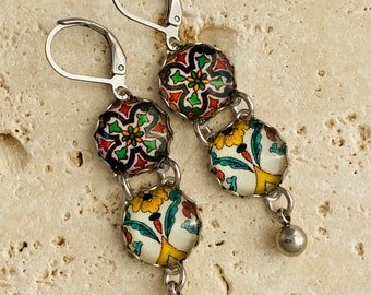 Two Tier Mini Mexican Tile Replica Earrings Orange Red Green Yellow Pottery Jewelry