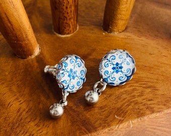 Mini Mexican Tile Replica Earrings Blue White Pottery Jewelry