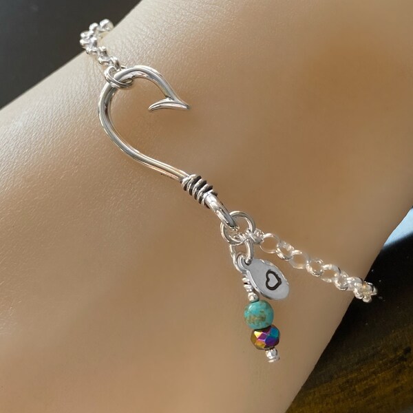 Fishing Bracelet Sterling Silver Fishhook Women, Girls Initial Letter Charm Turquoise And Rainbow Hematite Beads