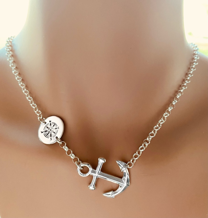 Anchor Sterling Silver Pendant With Compass Charm Necklace image 1