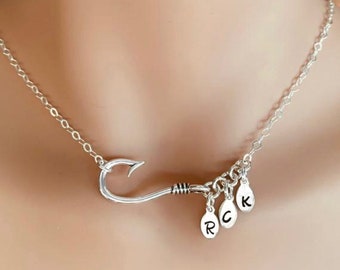 Fishhook Sterling Silver Pendant With Two or Three Monogrammed Charms Necklace | Personalized Fish Hook