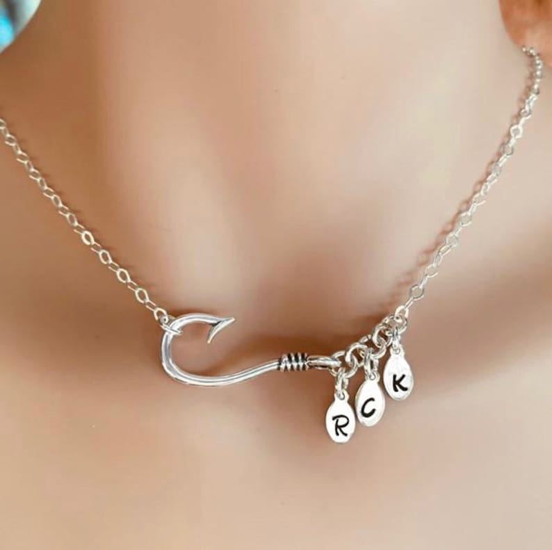 Fishhook Sterling Silver Pendant With Two or Three Monogrammed Charms Necklace Personalized Fish Hook image 1