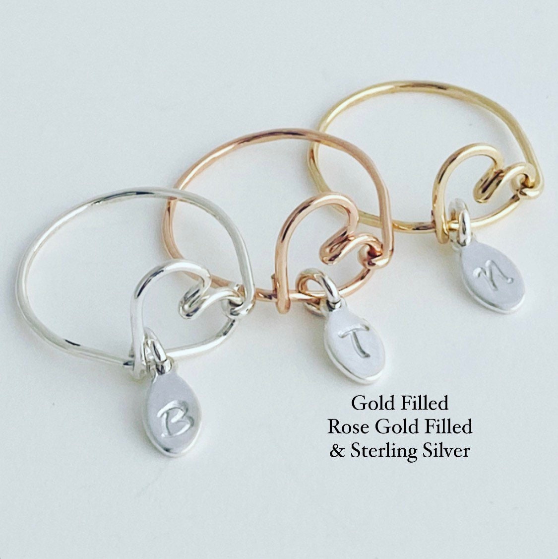Charming I Love You With All of My Heart Ring with Letter Initial Charm, Silver, Gold Filled, Rose Gold Filled, Copper, Nickel Silver