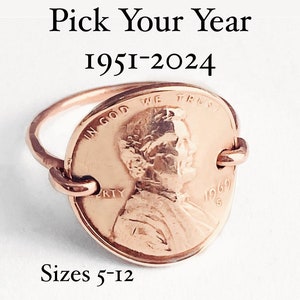 Copper Penny For Your Thoughts Keepsake Ring Years 1950 to 2024 Comfort Fit Recycled Repurposed Sizes 6 to 12