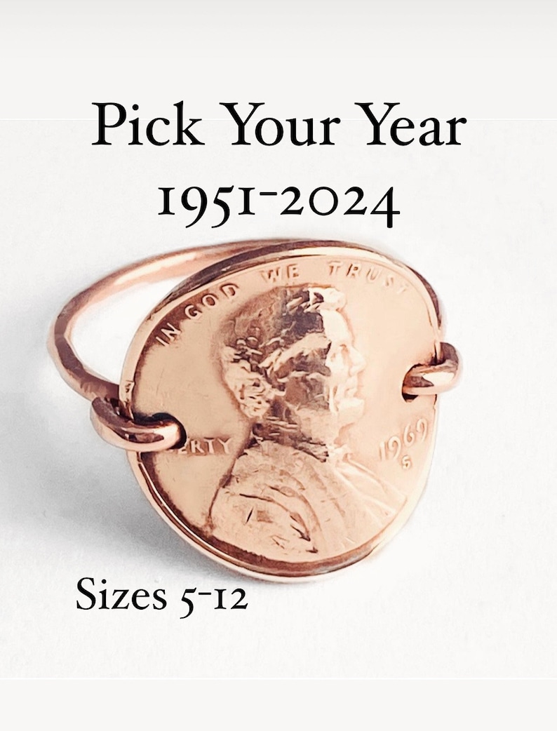 Copper Penny For Your Thoughts Keepsake Ring Years 1951 to 2021 Comfort Fit Recycled Repurposed image 1