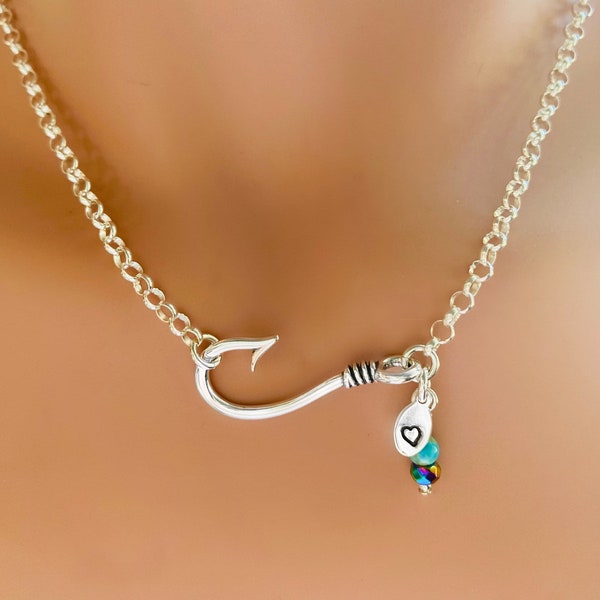 Sterling Silver Fishhook Custom Stamped Charm with Turquoise, Rainbow Hematite and Silver Beads Necklace Fish Hook Pendant