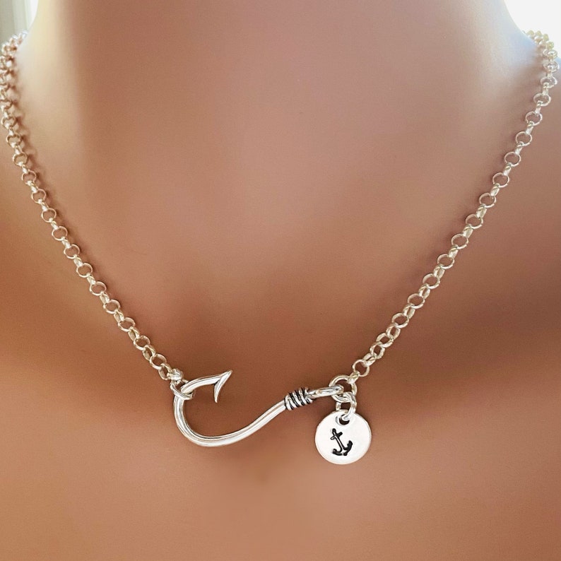 Fishhook Sterling Silver Pendant With Monogrammed Charm image 1