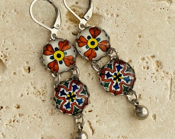 Two Tier Mini Mexican Tile Replica Earrings Cobalt Blue Orange Yellow Pottery Jewelry