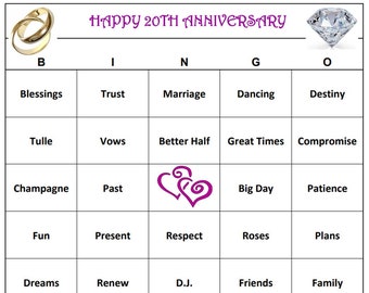 20周年記念パーティービンゴゲーム - あらゆる年齢層が楽しめるゲームで愛と結婚を祝いましょう。ダウンロードして印刷してプレイしましょう。30枚のカードが含まれています。