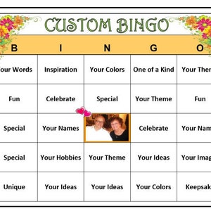 Vollständig benutzerdefiniertes Bingo-Spiel verwendet Ihre Worte, Ihre Bilder, Ihr Thema. Für Meilenstein Geburtstag, Jubiläum. Digitale Datei 30 Einzigartige Karten