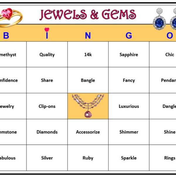 Jewels & Gems Bingo Game (30 Cards) Great Fun for Jewelry Sales Party, Jewelry Store, Conference or Event. Print and Play! Digital File