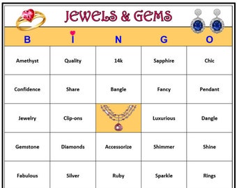 Jewels & Gems Bingo-Game para Festa de Vendas de Joias, Conferência ou Loja. Diversão! Baixe, Imprima e Jogue! 60 Cartões de Bingo