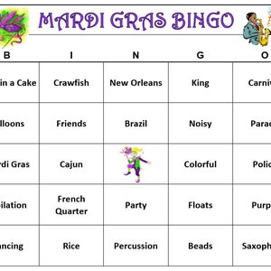 Mardi Gras Bingo: kindvriendelijk, kleurrijk en leuk spel voor je vette dinsdag. Inclusief 30 unieke kaarten, naar jou gemaild