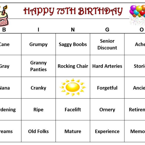 75th Birthday Party Bingo Game (60 Cards)  Old Age Theme Bingo Words -Very Funny! Print and Play!