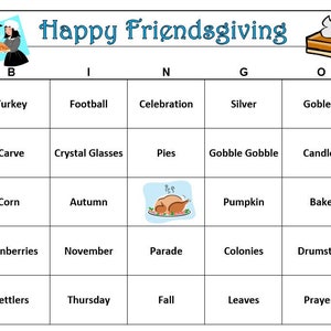 Leuk Friendsgiving-bingo-Thanksgiving-spel met feestelijke kerstwoorden: inclusief 30 unieke bingokaarten. Kaarten naar jou gemaild
