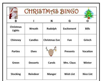 以下が含まれることがあります： 白い背景と黒いグリッド線を持つクリスマスビンゴゲームカード。カードの上部には、各列にB、I、N、G、Oの文字が並んでいます。グリッド内の単語には、クリスマスライト、リース、ルドルフ、興奮、請求書、煙突、キャンドル、クリスマスイブ、楽しい、グリンチ、パーティー、エルフ、グリーン、デザート、キャロル、サンタクロース夫人、冬、靴下、トナカイ、飼い葉桶、ウィッシュリスト、ナイスリストなどがあります。