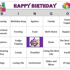 Happy Birthday Party Bingo-Spiel mit altersgerechten Sprüchen, Spaß für jedes Alter, Download, ausdrucken und spielen! Enthält 30 Bingo Karten