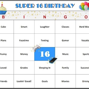 10代の男の子向け16歳の誕生日ビンゴゲーム – 10代の若者向けの楽しい誕生日パーティーアクティビティ。スタイリッシュにお祝いしましょう! ダウンロード、印刷してプレイ! ビンゴカード60枚