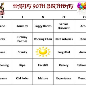 Bingo 90e verjaardag - Vier het ouder worden met een grappig spel, Old Age Words! Mijlpaal verjaardag, 30 kaarten verzonden