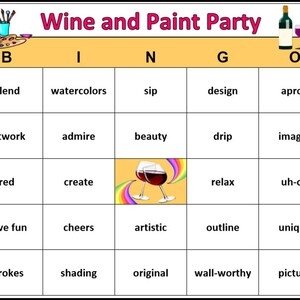 Divertido juego de bingo para fiestas con vino y pintura: ¡perfecto para momentos de chicas, citas nocturnas y celebraciones de cumpleaños! 60 tarjetas exclusivas para imprimir y jugar