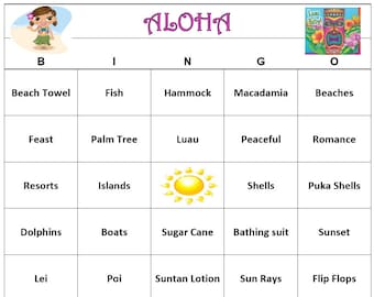 Hawaiian Party Bingo-Fun Luau Game, for Graduation or Birthday Party, Download, Print and play! 60 Bingo Cards