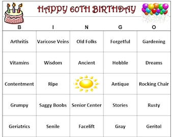 60th Birthday Party Bingo Game 30 Cards Old Age Theme Bingo