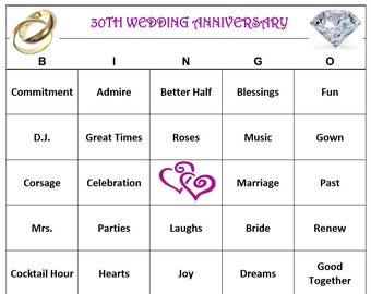 30th  Anniversary Party Bingo Game (30 Cards)  Anniversary and Wedding Themed Bingo Words -Very Fun! Print and Play!