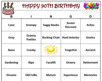 90th Birthday Party Bingo Game (60 Cards)  Old Age Theme Bingo Words -Very Funny! Print and Play! Male or Female