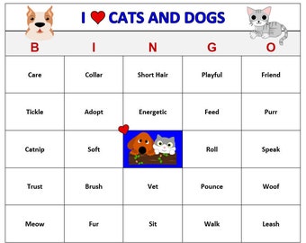 Cats and Dogs  Bingo Game (60 Cards)  Cat and Dog Theme Bingo Words -Very Cute! Print and Play! Download Game