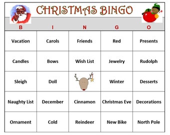 Christmas Party Bingo Game (120 Unique Cards)  Christmas Holiday Bingo Words -Very Fun For All Ages! Print and Play! African American Santa