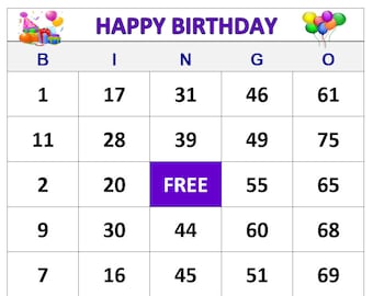 Happy Birthday Bingo Game (60 Cards) Birthday Celebration Traditional BINGO. Fun and Easy to Play!! Print and Play!