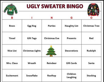 Ugly Sweater Party Bingo Game (30 Cards)  Christmas Holiday Bingo Words -Very Fun For All Ages! Print and Play!