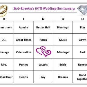 Bingofeest 10e huwelijksverjaardag: spel om liefde en huwelijk te vieren, leuk voor alle leeftijden! Gepersonaliseerde titel, 30 bingokaarten naar jou gemaild